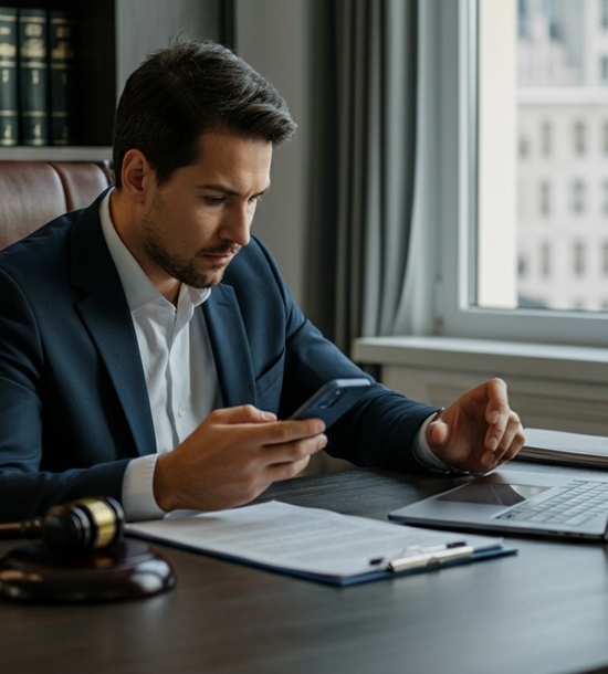 Profissional do direito analisando documentos processuais em ambiente de trabalho