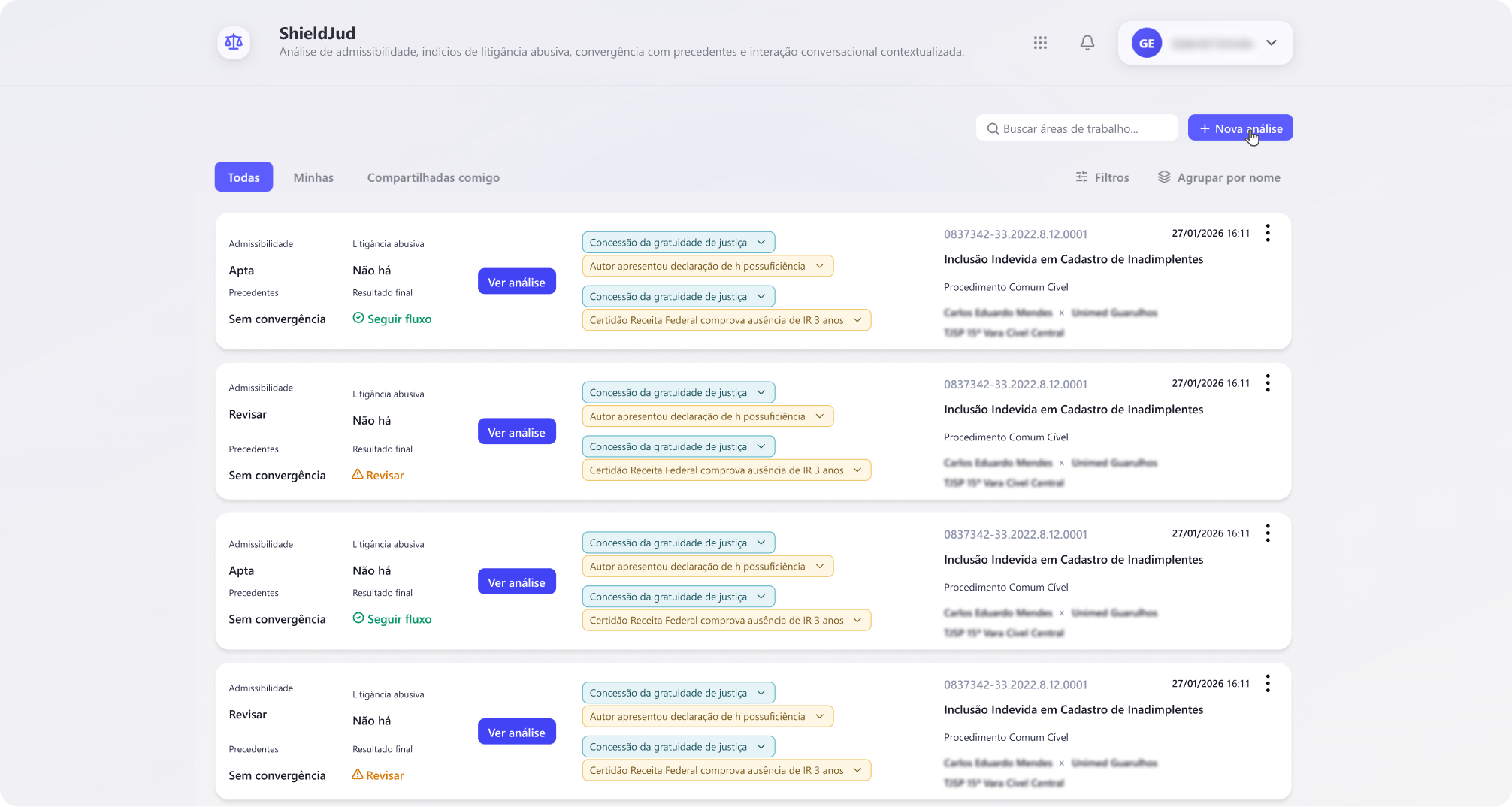 Interface do ShieldJud - Análise técnica e gestão inteligente